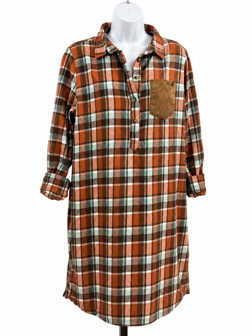 Plaid Flannel Shirt Dress 100% Cotton | Faux Suede Pocket